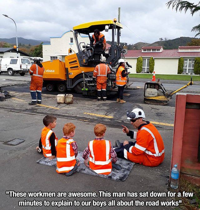 Construction worker - Vogele "These workmen are awesome. This man has sat down for a few minutes to explain to our boys all about the road works"