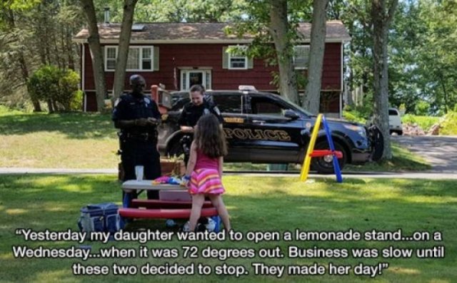 lawn - "Yesterday my daughter wanted to open a lemonade stand...on a Wednesday...when it was 72 degrees out. Business was slow until these two decided to stop. They made her day!