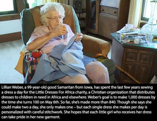 sitting - Lillian Weber, a 99yearold good Samaritan from lowa, has spent the last few years sewing a dress a day for the Little Dresses For Africa charity, a Christian organization that distributes dresses to children in need in Africa and elsewhere. Webe