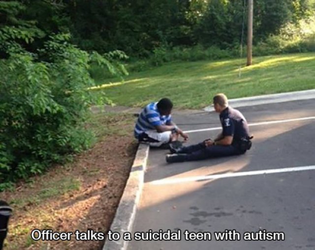 police officer helping someone - Officer talks to a suicidal teen with autism