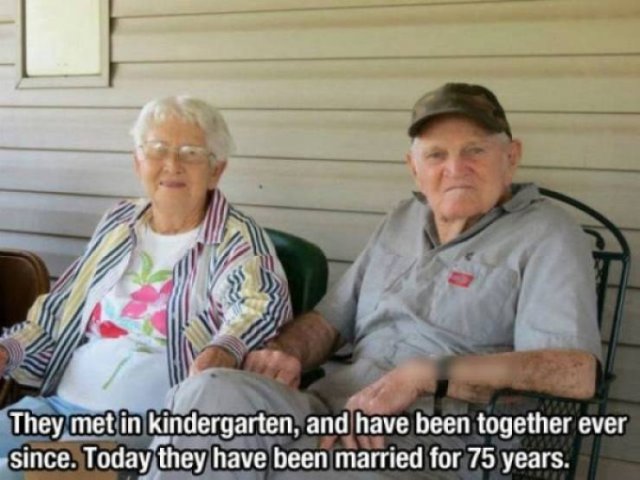 They met in kindergarten, and have been together ever since. Today they have been married for 75 years.