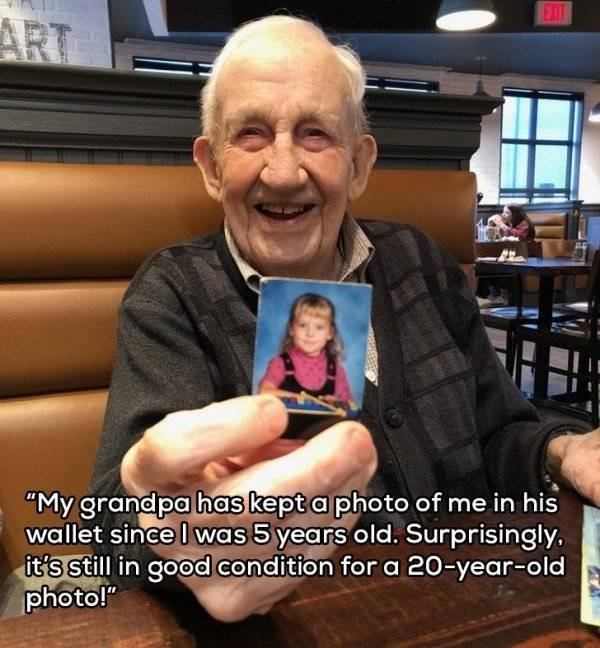 photo caption - "My grandpa has kept a photo of me in his wallet since I was 5 years old. Surprisingly. it's still in good condition for a 20yearold photo!"