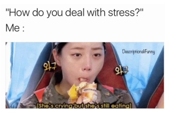 stress meme - "How do you deal with stress?" Me DescriptionsliFunny 917 She's crying but she's still eating