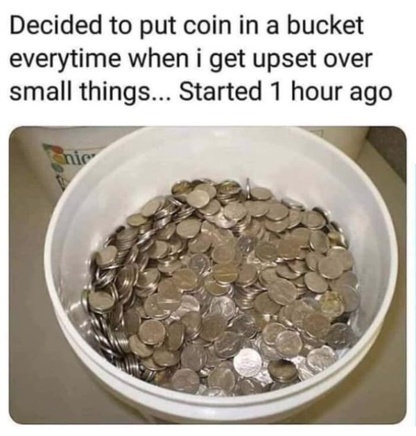 Sarcasm - Decided to put coin in a bucket everytime when i get upset over small things... Started 1 hour ago
