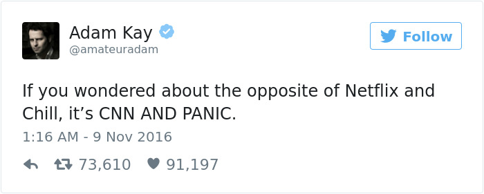 hilarious tweets - Adam Kay If you wondered about the opposite of Netflix and Chill, it's Cnn And Panic. 27 73,610 91,197