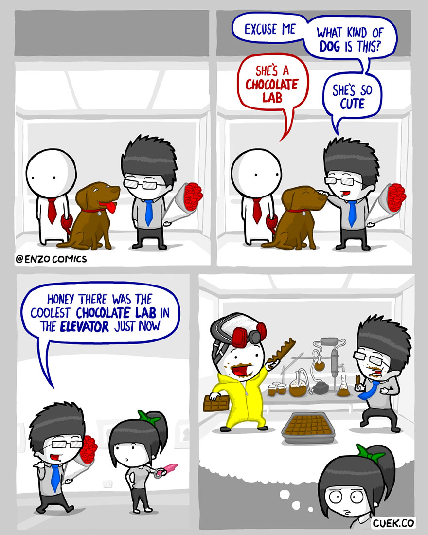 relationship meme of Comics Excuse Me What Kind Of Dog Is This? She'S A Chocolate Lab She'S So Cute Cenzo Comics Honey There Was The Coolest Chocolate Lab In The Elevator Just Now Us Cuek.Co