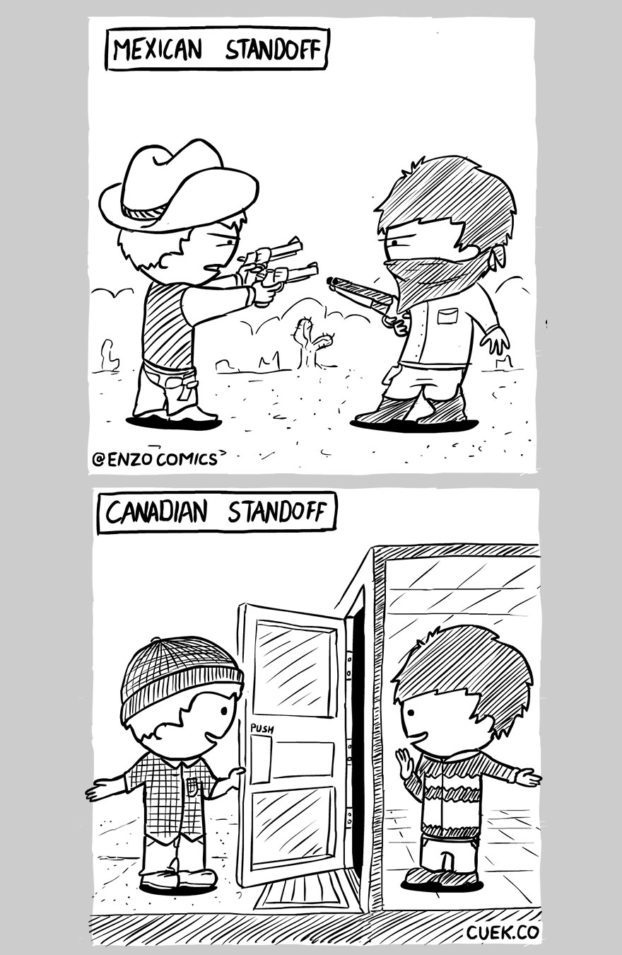 relationship meme of canadian politeness Mexican Standoff Cenzo Comics ,' Canadian Standoff Oo M Inuto Iiiii Push Www Do 11| aham Coek.Co