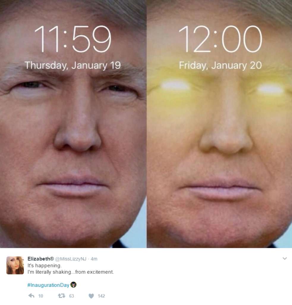 Funny pictures of Trump turning to the devil at midnight made into a funny meme about his inauguration.