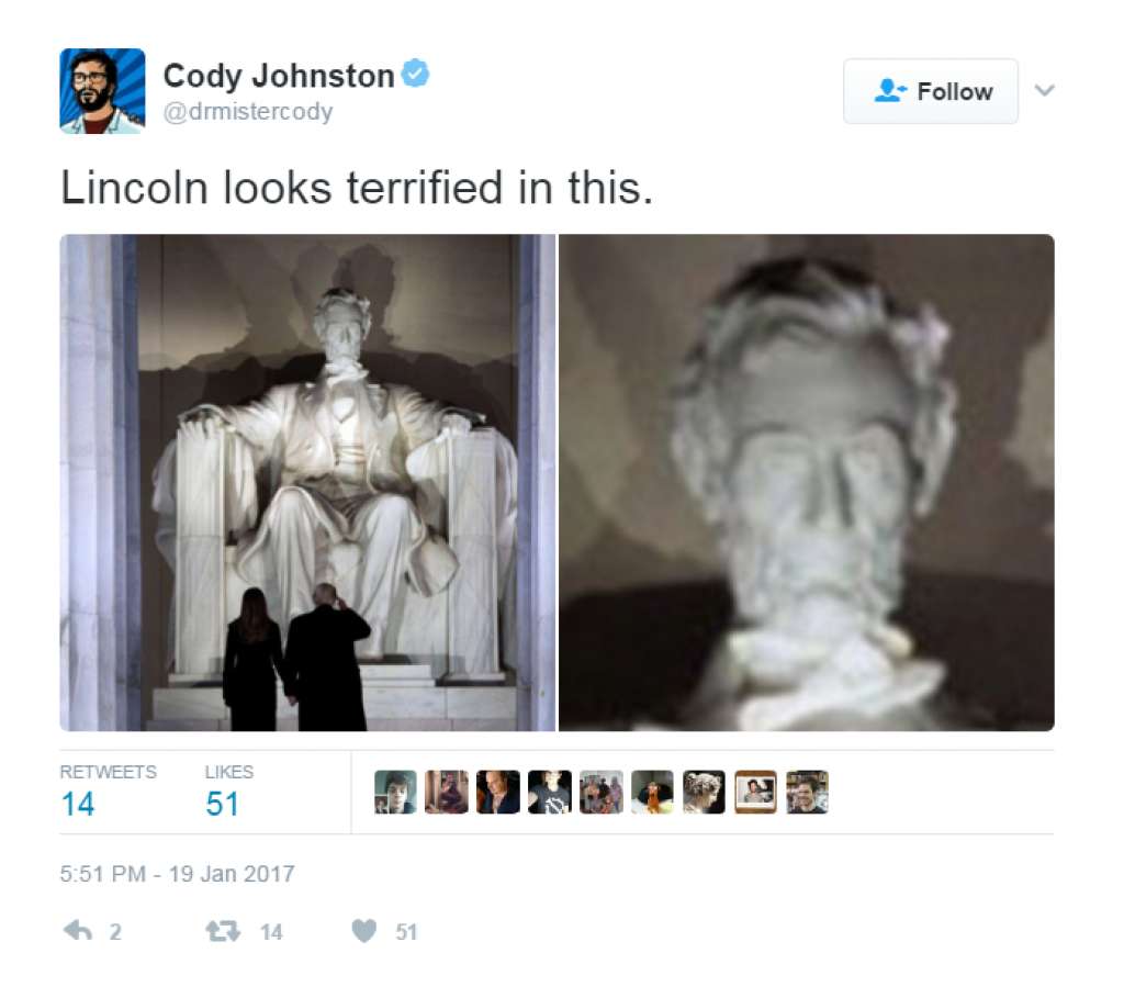 Funny meme of Lincoln Memorial looking scared for Trump's inauguration.