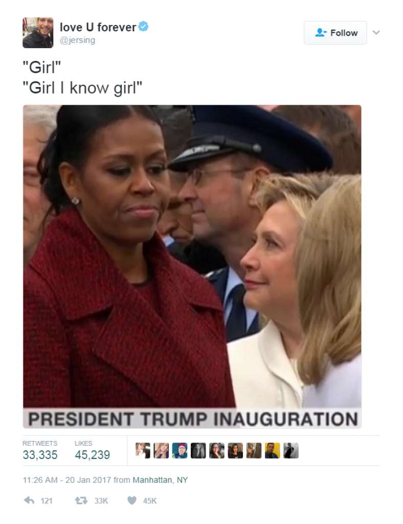 Funny meme of Michelle Obama and Hillary Clinton "Girl, I know girl."