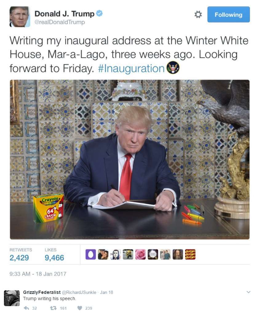 Meme making fun of Donald Trump being childish by including crayons next to his work notebook.