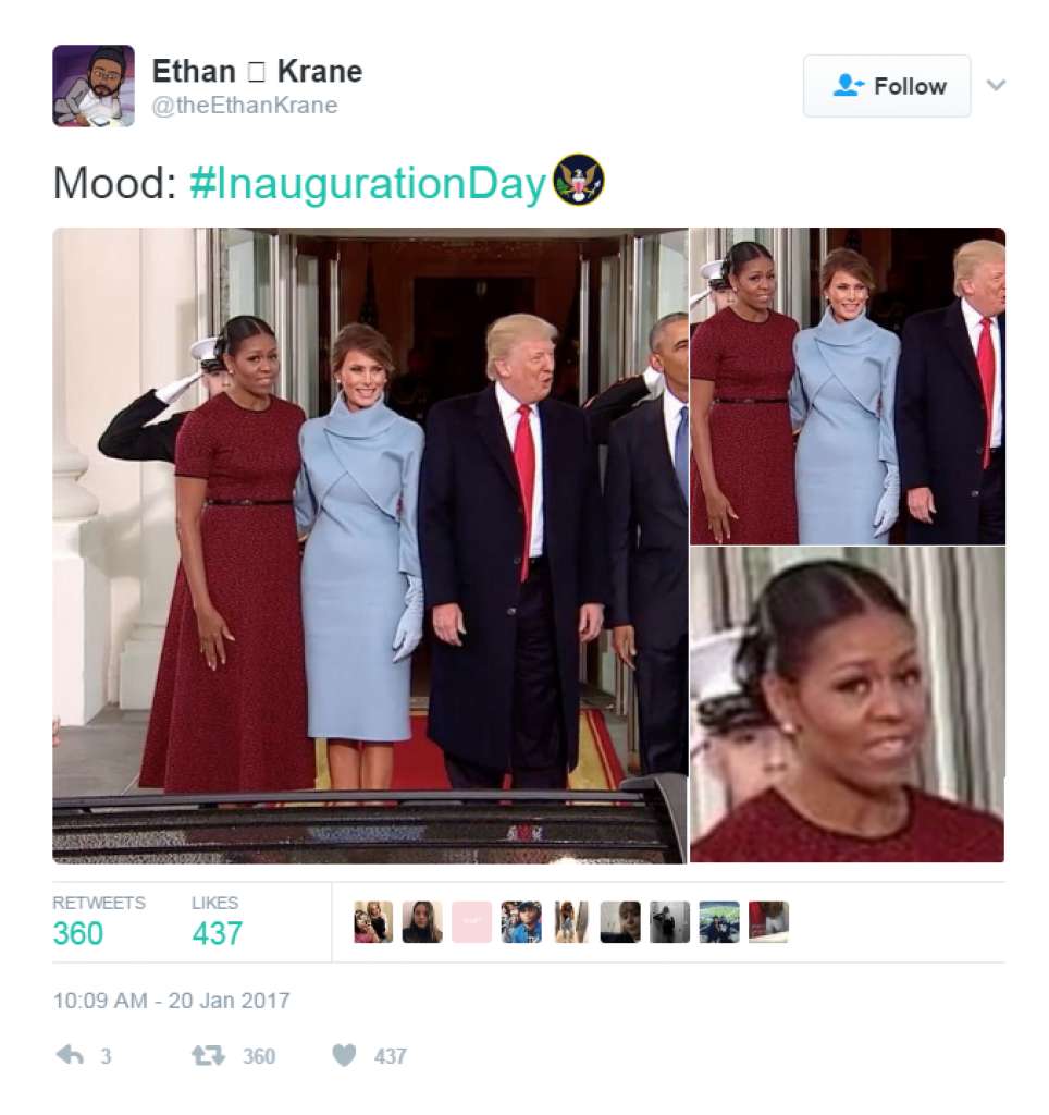Funny meme of Michelle Obama's reaction to how Trump behaved at the inauguration and handover ceremonies.