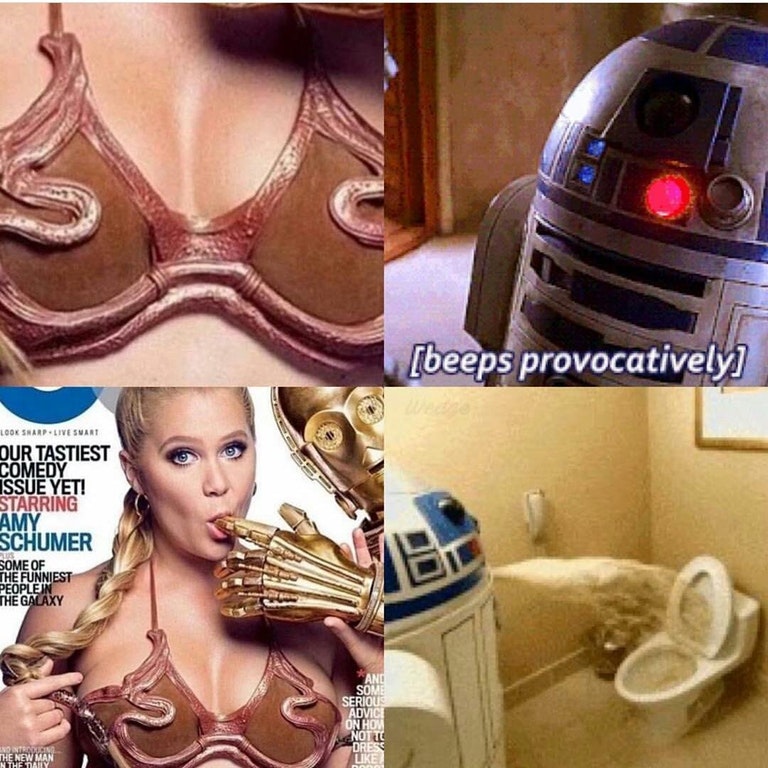 Dank meme of r2d2 liking Princess Leah but projectile vomiting into a toilet over Amy Shumer