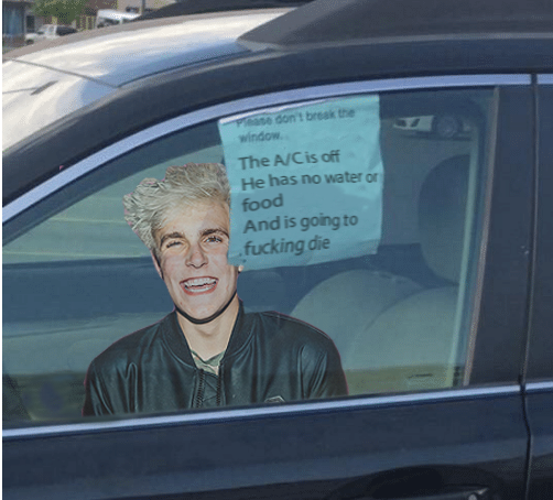 Meme of Justin Bieber left in a hot car with joke about how AC is off, music is off, trying to kill biever here folks
