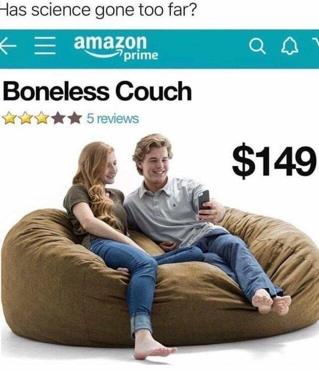 Dank meme of bean bag sold on Amazon as Boneless Couch