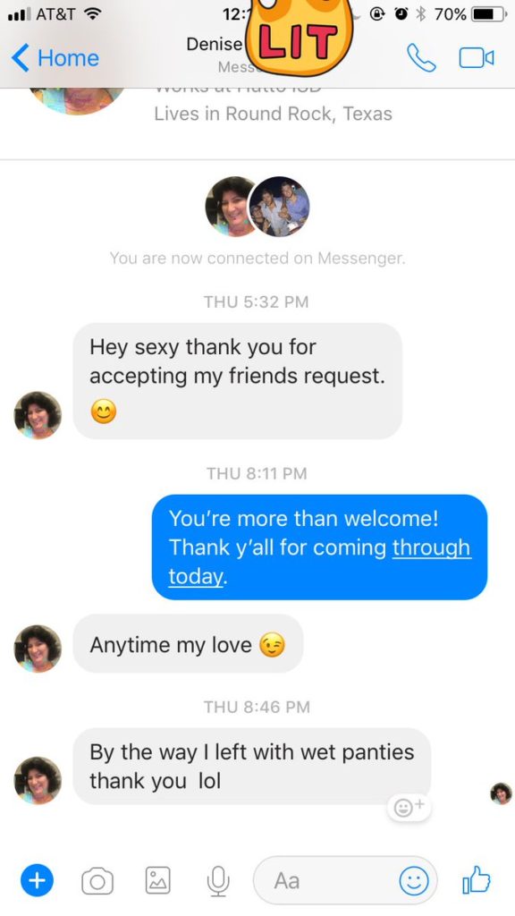 creepy older woman - I At&T @ 0 70% Denise Lit Home B Da Mes Tytutto Tul Lives in Round Rock, Texas You are now connected on Messenger Thu Hey sexy thank you for accepting my friends request. Thu You're more than welcome! Thank y'all for coming through to
