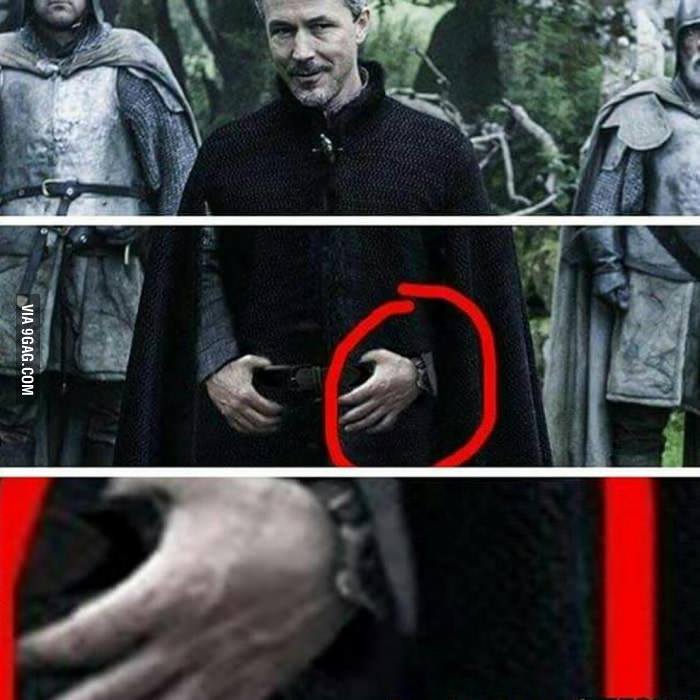 Little finger has a watch from the future.