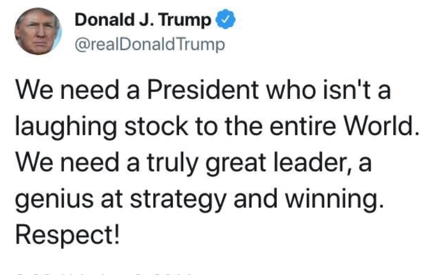 인스티즈 - Donald J. Trump Trump We need a President who isn't a laughing stock to the entire World. We need a truly great leader, a genius at strategy and winning. Respect!