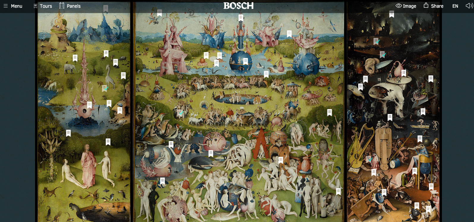 The Garden of Earthly Delights is one of Jheronimus Bosch's most famous paintings. Now this amazing high-def virtual tour of the painting will let you select sections of the famous print, along with written and audio notes about the piece.    <a href="https://tuinderlusten-jheronimusbosch.ntr.nl/en">Here</a>