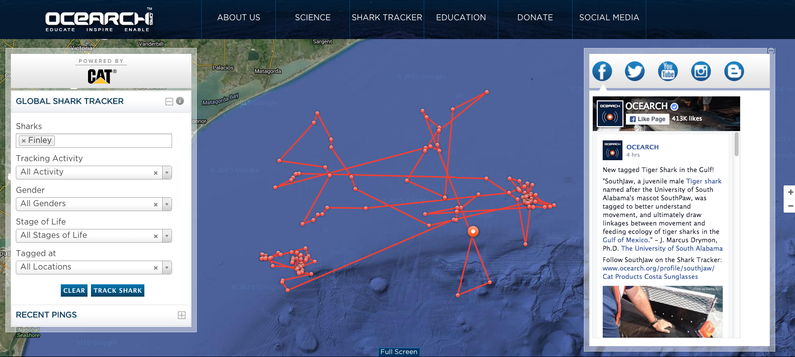 At Ocearch, you are able to track great white sharks that have been tagged and released. Follow sharks as they move around the globe with 24-hour updates. You can even click on the shark you are tracking to get their stats, photos and information.  <a href="http://www.ocearch.org/">Here</a>