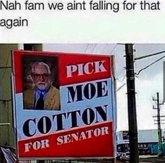 Savage AF Meme - billboard - Nah fam we aint falling for that again Pick Pick Moe Cotton For Senator