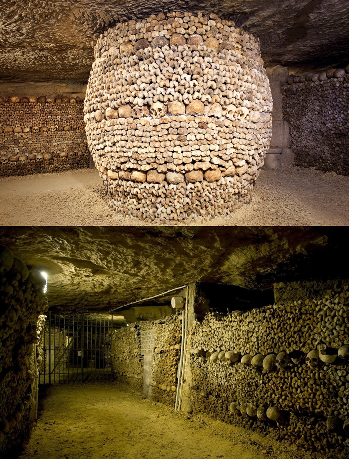 The Catacombs of Paris

What's creepier than 200 miles of dark pathways, containing the remains of over 6 MILLION people, under the streets of Gay Parie? Nothing. Nothing is the correct answer.