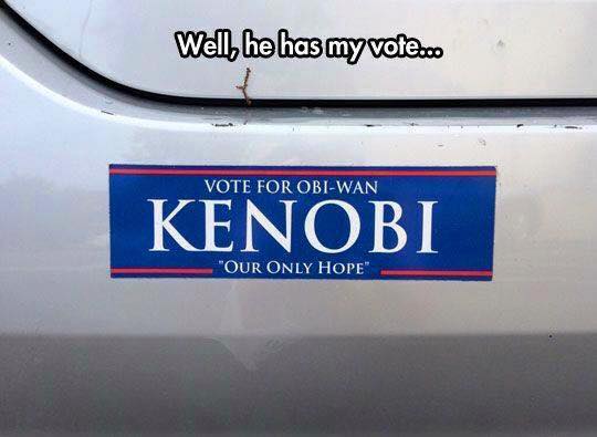memes - vehicle registration plate - Well, he has my vote.de Vote For ObiWan Kenobi "Our Only Hope"