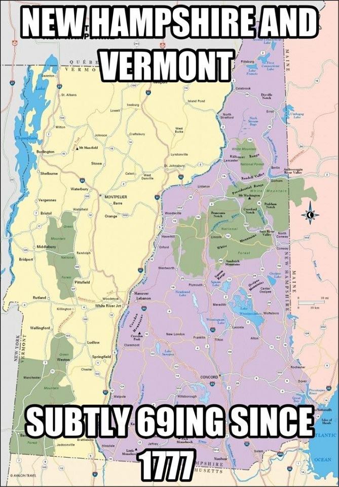 memes - funny vermont memes - New Hampshire And Ja Vermont Maine Burlington th Waterbury Montpeler Barre wanities Bristol Orange Ge li Mary Bridpon Partsfield New Hampshire Maine Wallingford Vermont New Springfield Concord . Subtly 69ING Since Tlantic Oce