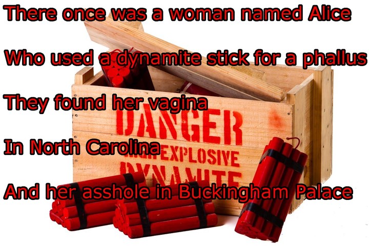 funny dirty limericks - There once was a woman named Alice Who used a dynamite stick for a phallus They found her vagina e Vanger In North CarolinaEXPLOSIVE Allte And her asshole in Buckingham Palace