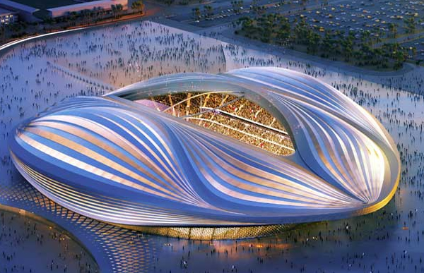 This stadium at Al Wakrah, Qatar;
Although it's claimed that it's of the shape of a traditional Qatari dhow boat, one can't help but see it through dirty eyes.