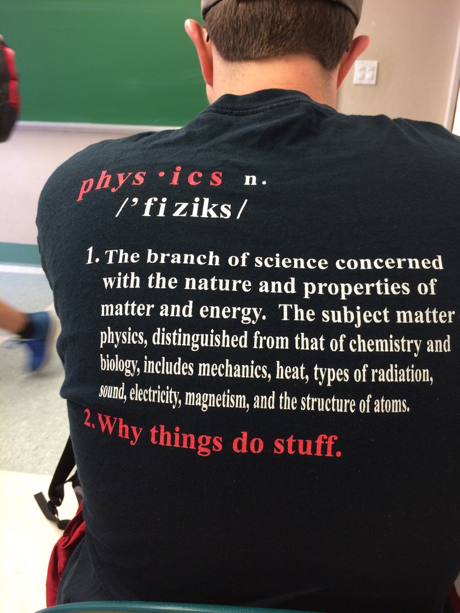 t shirt - phys ics n. 'fiziks 1. The branch of science concerned with the nature and properties of matter and energy. The subject matter physics, distinguished from that of chemistry and biology, includes mechanics, heat, types of radiation, sound, electr