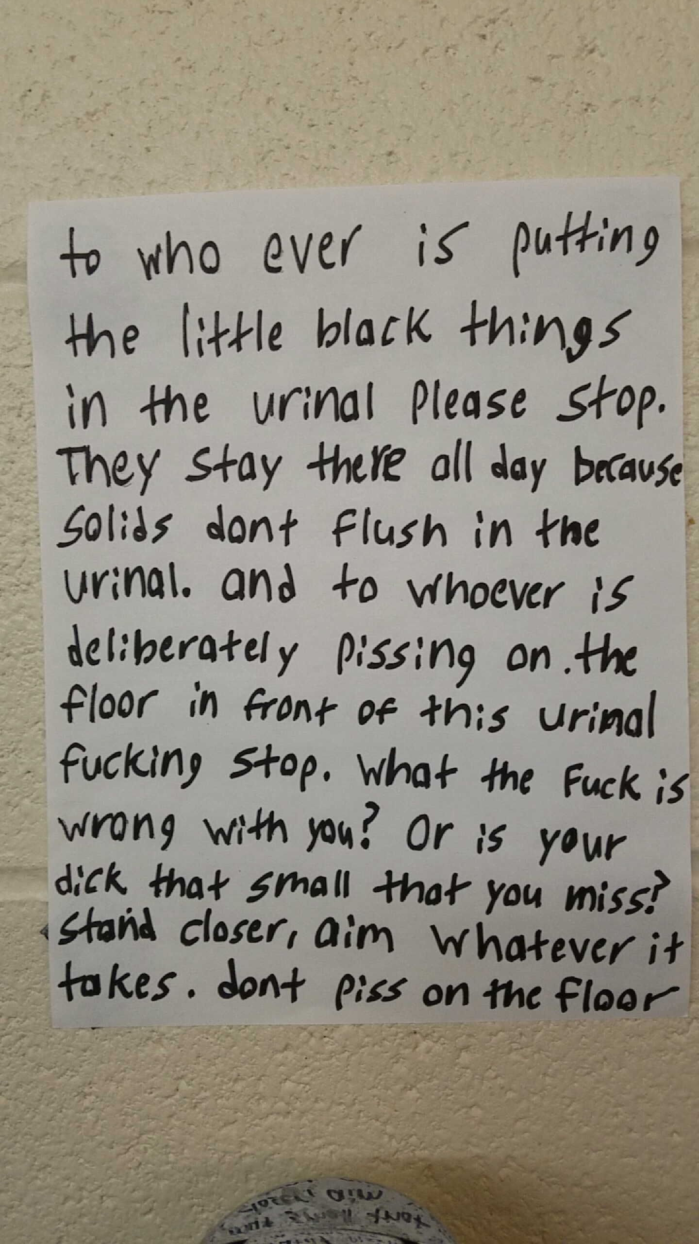 handwriting - to who ever is putting the little black things in the urinal Please stop. They stay there all day because Solids dont flush in the urinal. and to whoever is deliberately pissing on the floor in front of this Urinal fucking stop. What the fuc