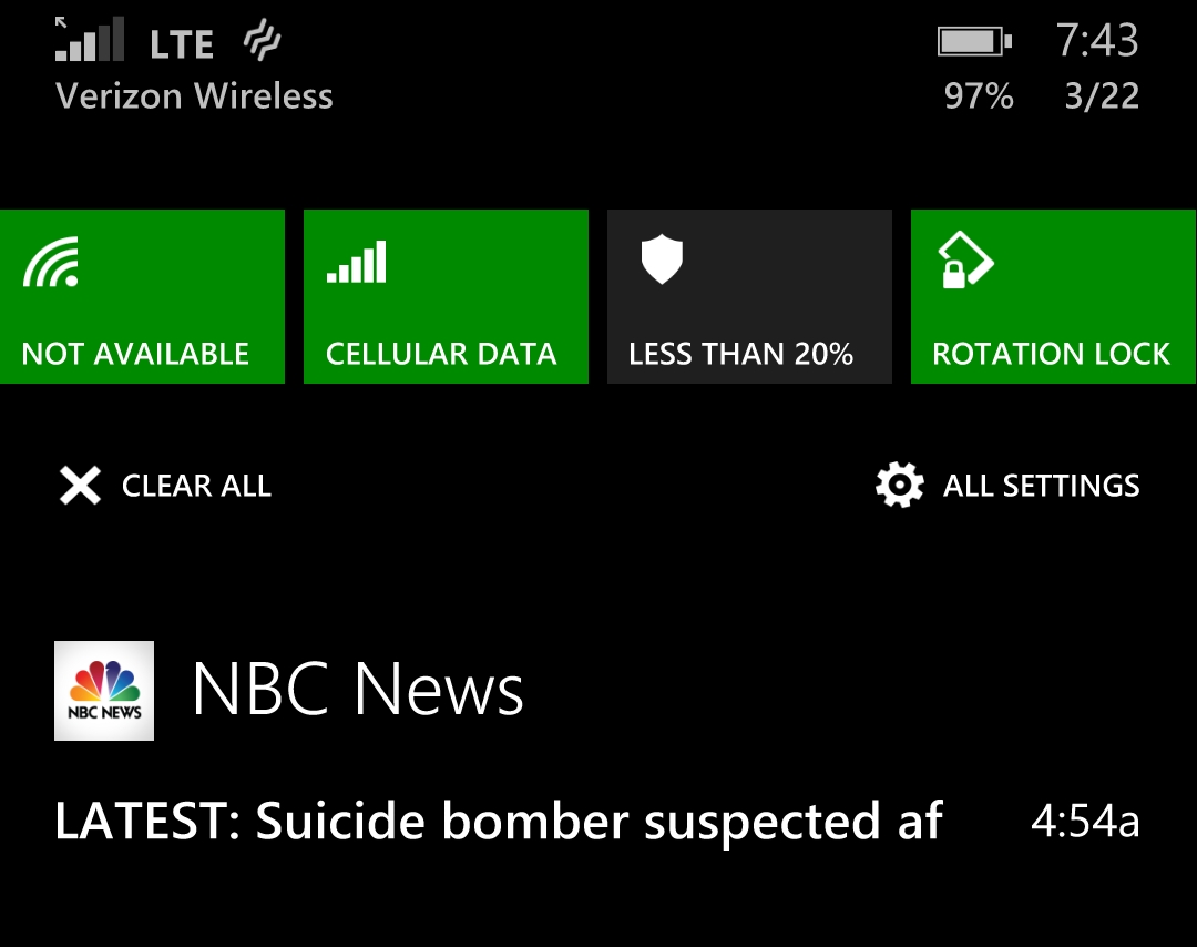 multimedia - I Lte Verizon Wireless O 97% 322 Not Available Cellular Data Less Than 20% Rotation Lock Clear All All Settings Nbc News Nbc News Latest Suicide bomber suspected af a