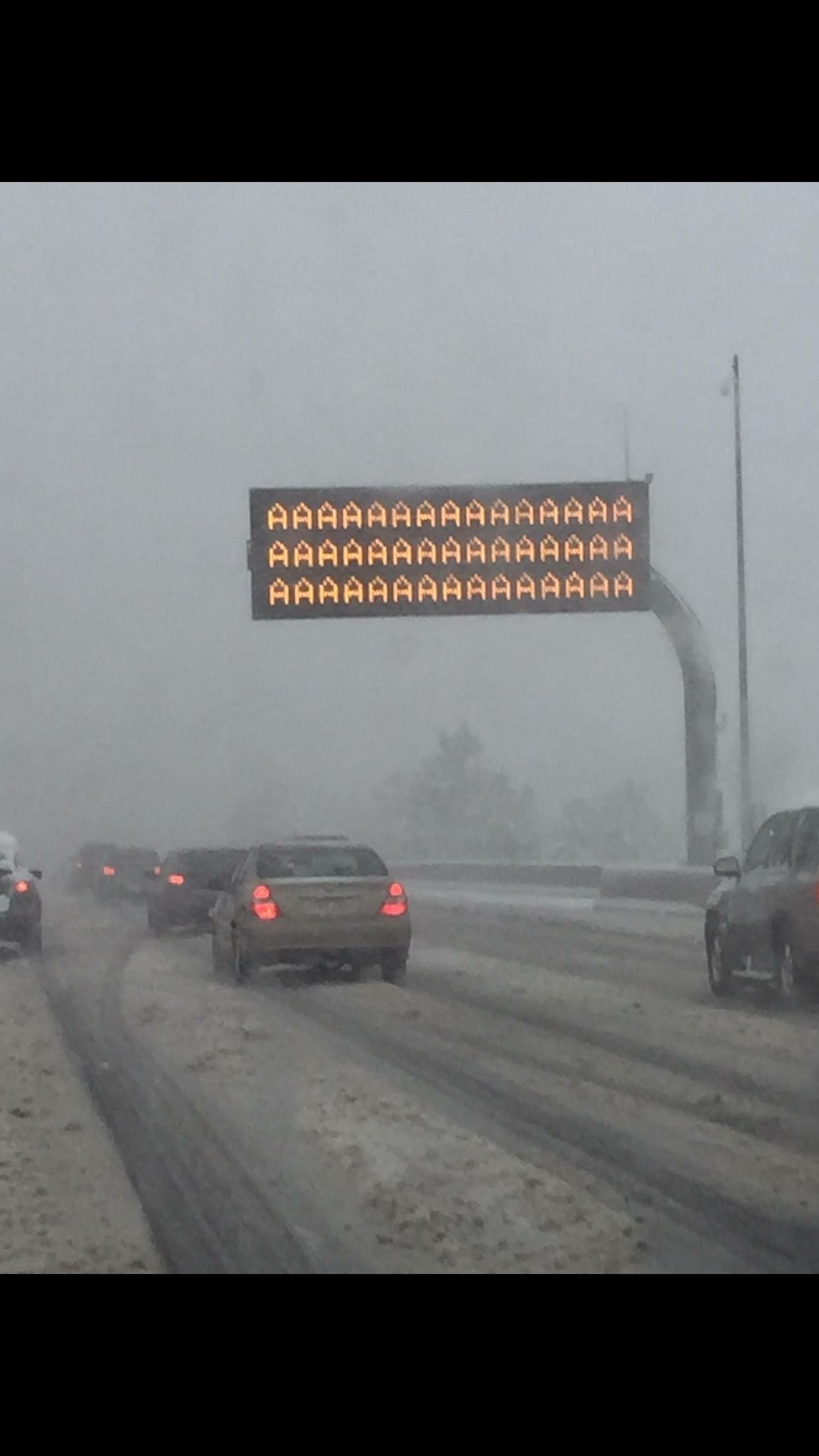I live in Denver where yesterday it was 65 and sunny and today it is blizzard conditions with an expected 10" 
of snow. As I was driving to work I caught this emergency road sign that correctly summarized my feelings.