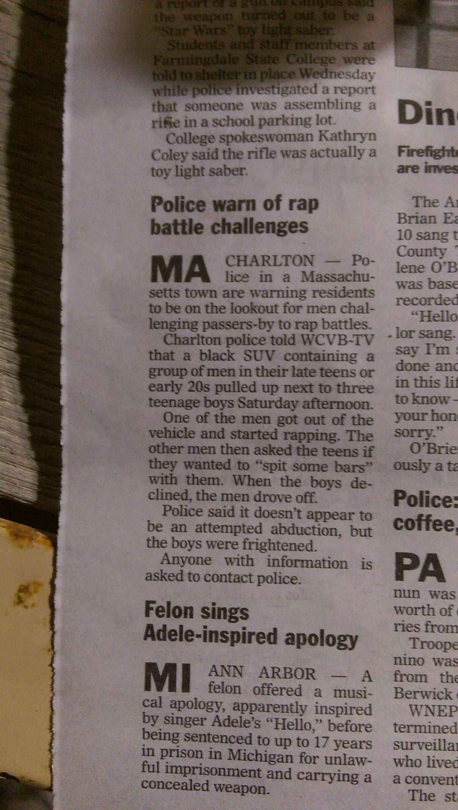 random pic newspaper - See Wednesday while exted report that someone was a blint rife in a school parking lot College spowoman Kathryn Coley said the nine was actually a Firefight toy light saber are inves Din M A Charlton Po. The A Police warn of rap Bri