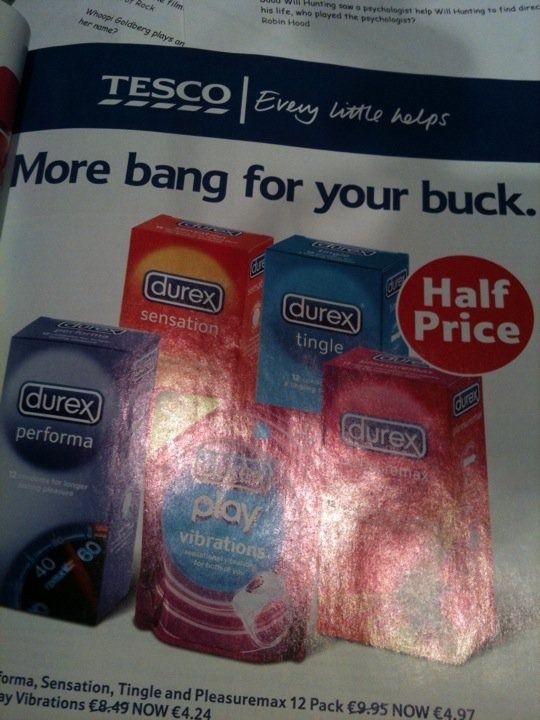 random pic more bang for your buck meme - U Rock w Hunting schalth w his life, who played the psycholog Robin Hood Whoopi Goldberg plays on her name? ings in Tesco | Every little helps More bang for your buck. durex Half sensation durex Price tingle durex