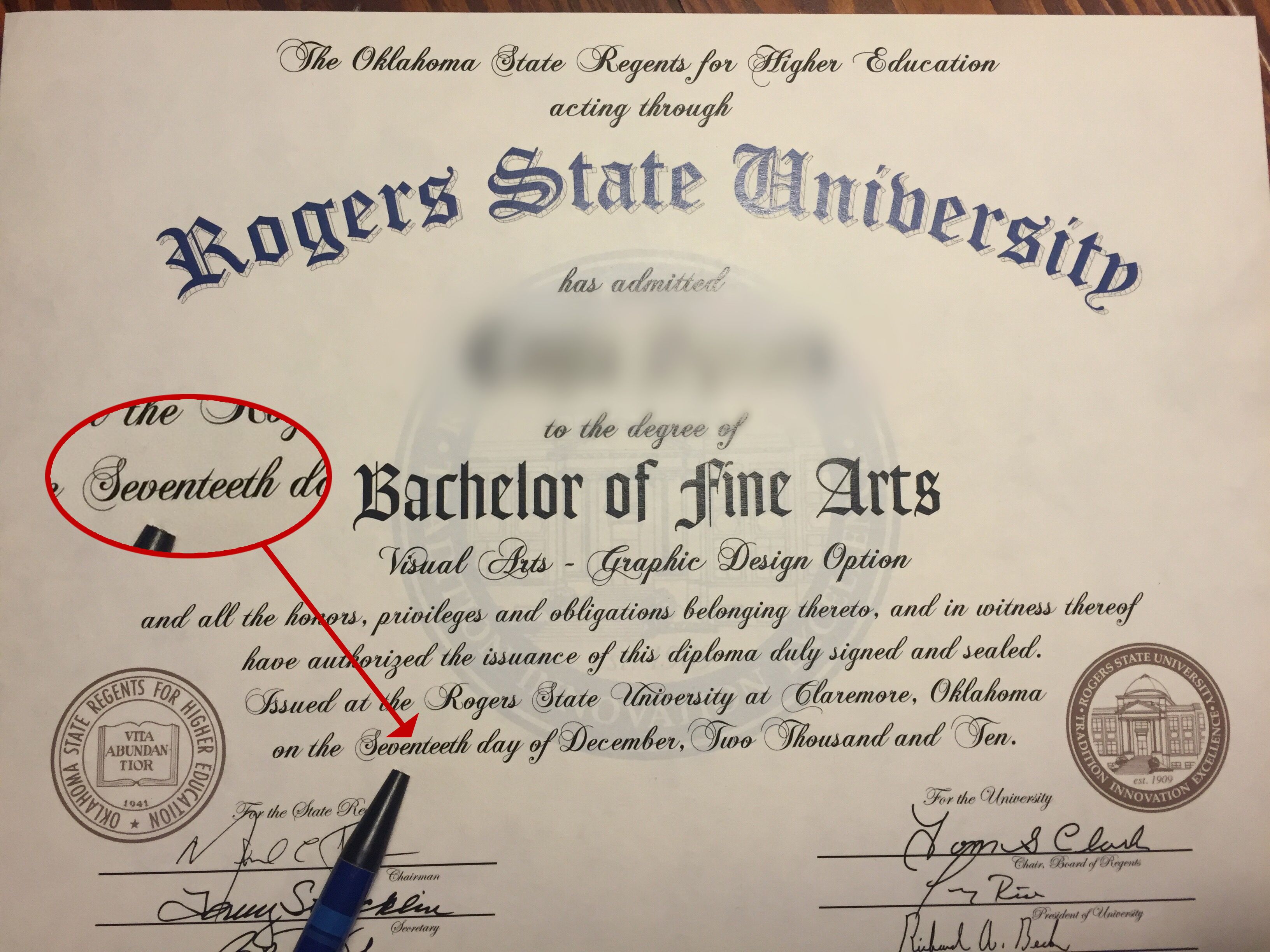 spelling college - The Oklahoma State Regents for Higher Education acting through ters State Unihe Aniversity Rogers s has admitted to the degree of Seventeeth d, Bachelor of Fine Arts Visual Arts Graphic Design Option and all the hmow. privileges and obl