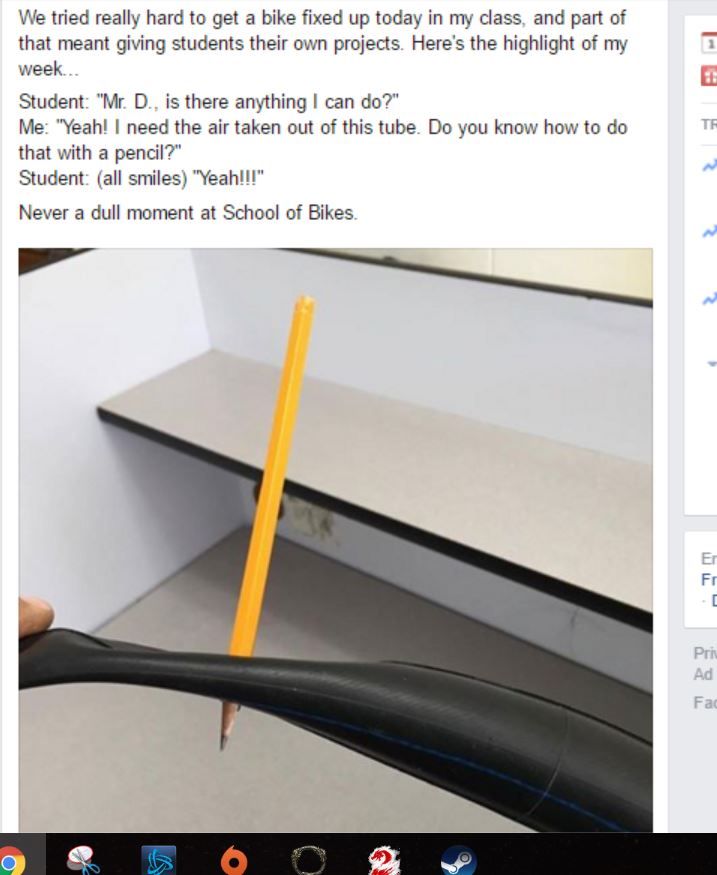 angle - We tried really hard to get a bike fixed up today in my class, and part of that meant giving students their own projects. Here's the highlight of my week... Student "Mr. D., is there anything I can do?" Me "Yeah! I need the air taken out of this t