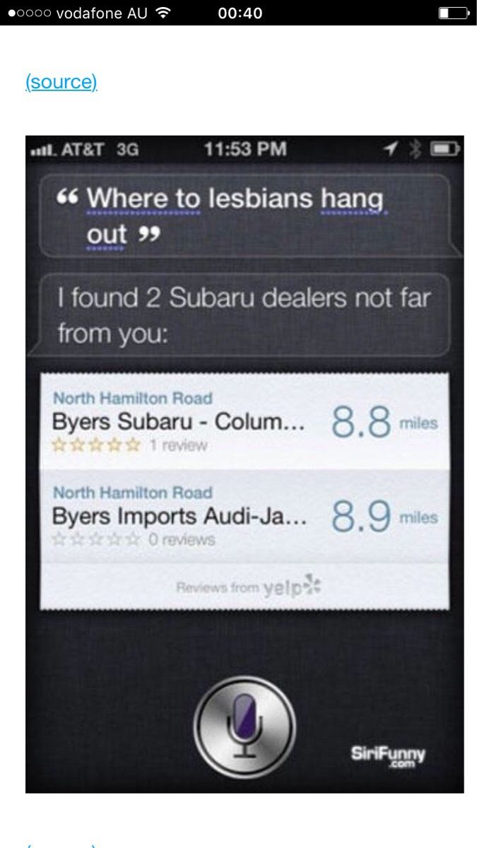 random pic funny subaru lesbian meme - 0000 vodafone Au source wall. At&T 3G 66 Where to lesbians hang out " I found 2 Subaru dealers not far from you North Hamilton Road Byers Subaru Colum... 8.8 miles 1 review North Hamilton Road Byers Imports AudiJa...