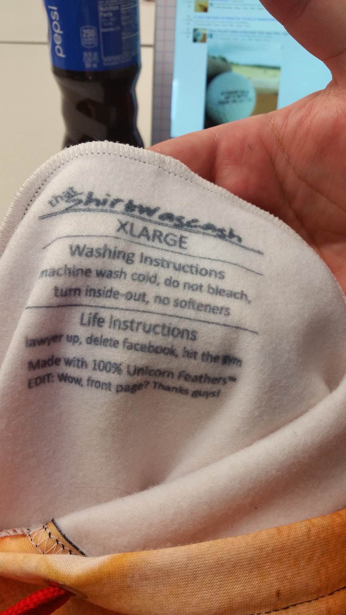 hand - isded Xlarge Washing Instructions chine wash cold, do not bleach turn insideout, no softeners Life instructions w er up, delete facebook, hit them made with 100% Uncom feathers on Wowe front page? Thanks !