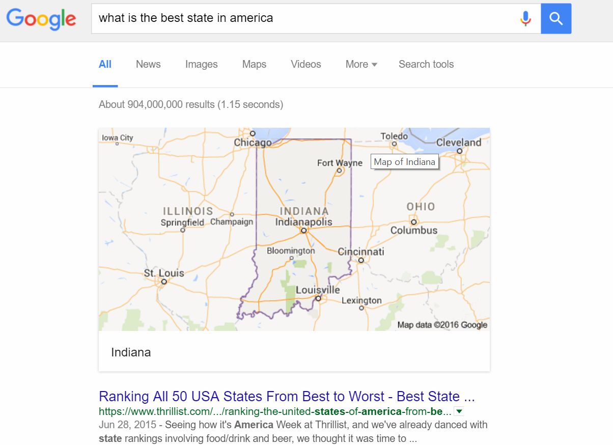 random pic google - Google what is the best state in america All News Images Maps Videos More Search tools About 904,000,000 results 1.15 seconds lowa City Chicago Toledo Cleveland Fort Wayne Map of Indiana Ohio Illinois Springfield Champaign Indiana Indi