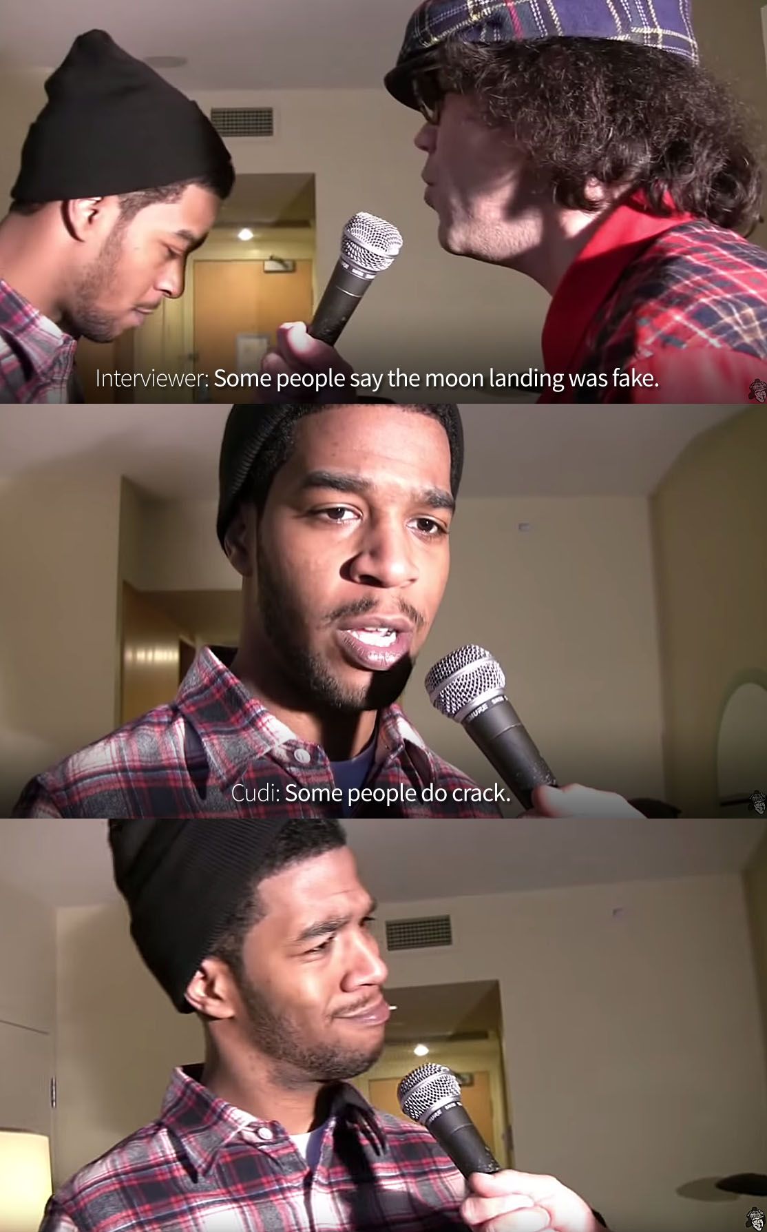 kid cudi funny face - Interviewer Some people say the moon landing was fake. Cudi Some people do crack.