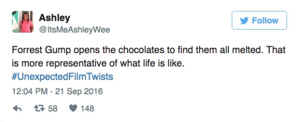 suicide by donut scottish twitter - Ashley AshleyWee Forrest Gump opens the chocolates to find them all melted. That is more representative of what life is . Twists 47 58 148