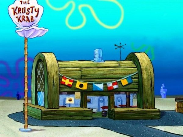 The Krusty Krab is designed in the shape of a lobster trap.