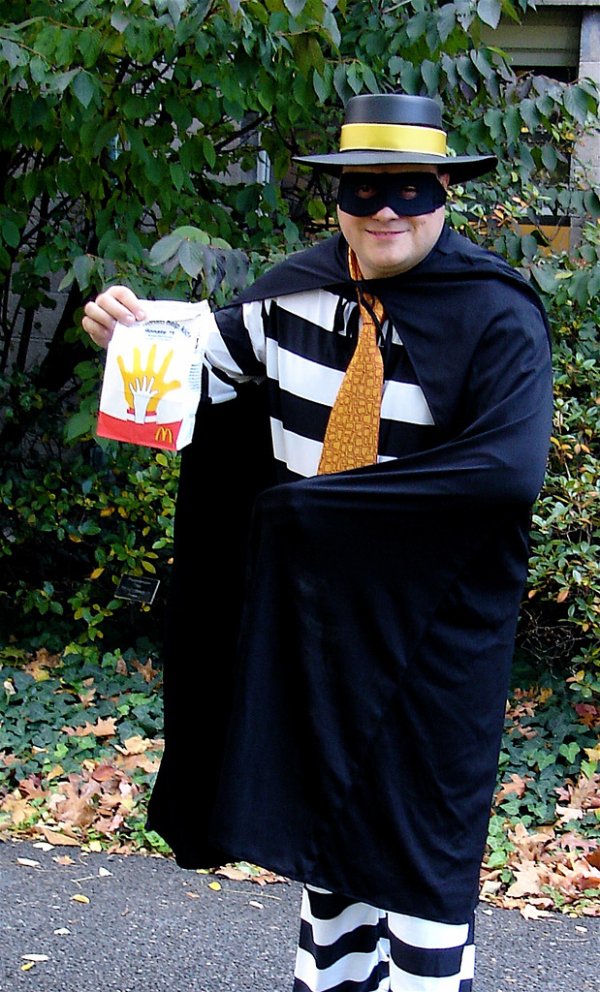 Hamburglar
“Sometimes the real scare happens after Halloween. Dressed as the Hamburglar, I once made out with a vampire who later turned out to be a serious raver. JNCO jeans. Wallet chain. I spent several years running into him, always wearing giant candy necklaces and other nonsense. So this is my Halloween hookup PSA: Be careful whom you take home in costume, because you might get a surprise when you see them out of it.”