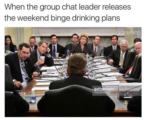 group chat leader meme - When the group chat leader releases the weekend binge drinking plans drarayfang gettyimages do Songs