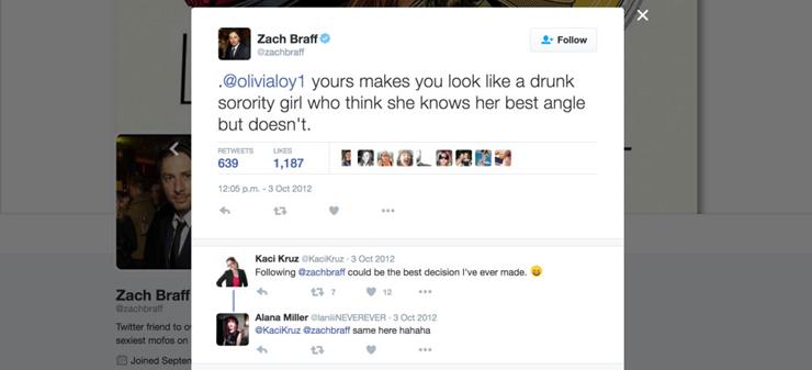 tim apple trump tweet - Zach Braff 2. achbratt . yours makes you look a drunk sorority girl who think she knows her best angle but doesn't Tweets 639 1,187 12.05 pm Kaci kruz Kacu ing zachbraff could be the best decision I've ever made. Zach Braff Brachor