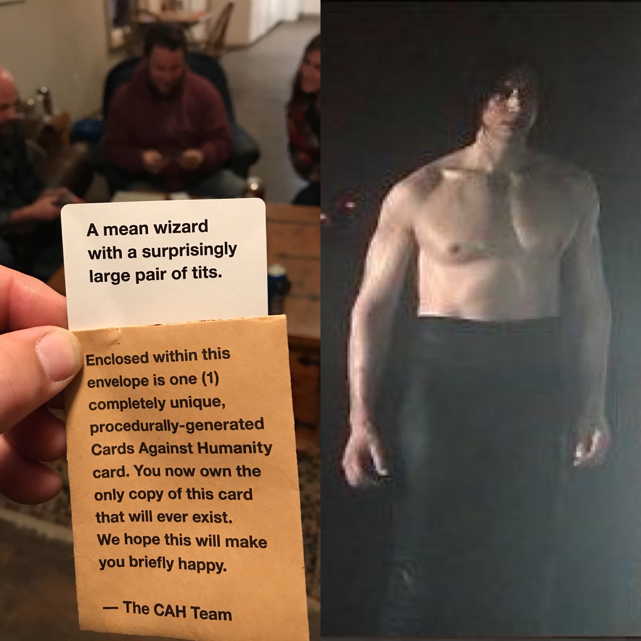 random pic A mean wizard with a surprisingly large pair of tits. Enclosed within this envelope is one 1 completely unique, procedurallygenerated Cards Against Humanity card. You now own the only copy of this card that will ever exist. We hope this will ma