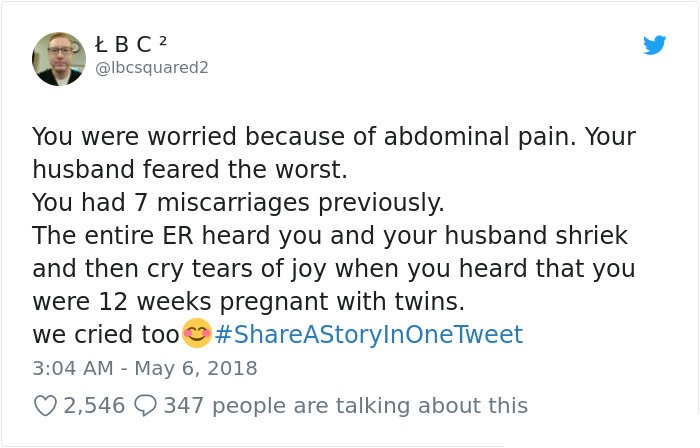 document - BC2 You were worried because of abdominal pain. Your husband feared the worst. You had 7 miscarriages previously. The entire Er heard you and your husband shriek and then cry tears of joy when you heard that you were 12 weeks pregnant with twin