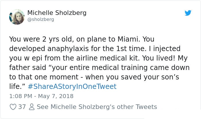 cartoon - Michelle Sholzberg You were 2 yrs old, on plane to Miami. You developed anaphylaxis for the 1st time. I injected you w epi from the airline medical kit. You lived! My father said "your entire medical training came down to that one moment when yo
